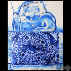 La pecera - Serie AZUL dibujo sobre papel de Ricardo Migliorisi - Año: 2018